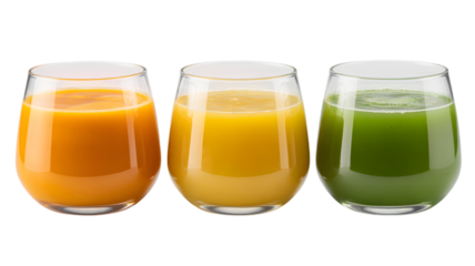 Three Glasses of Fresh Juice on a Clean White Background