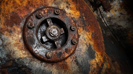 Detailed view of a rusted industrial valve in an abandoned factory showcasing wear and weathering over time
