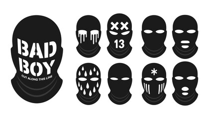 Gangster Masks and Balaclavas Featuring Tattoo-Inspired Patterns, Bold Graphic Inscriptions, and Detailed Vector Designs Shown from Straight, Side, and Perspective Angles