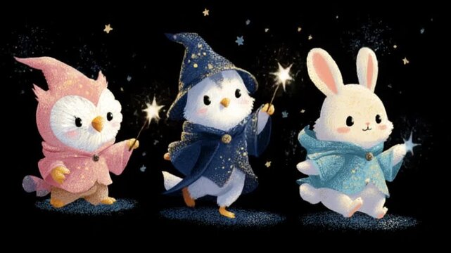Three cute magical creatures with sparklers celebrating in the night