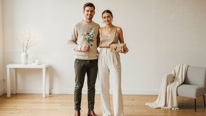 Smiling couple standing together in modern home interior with decor  