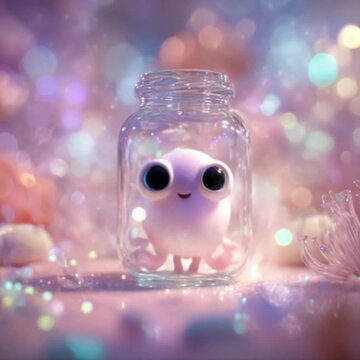 Whimsical creature with big eyes peeking out from a glass jar, surrounded by soft bokeh lights.