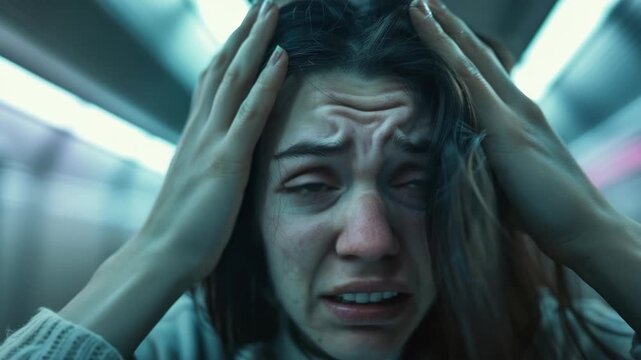 A young woman with a headache holding her head in distress