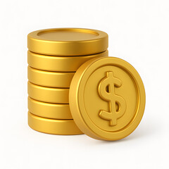 Stack of Shiny Golden Dollar Coins with a Prominent Dollar Sign. A Symbol of Wealth, Finance, Investment, and Economic Growth. 3D Render on a Clean White Background.