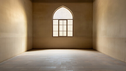 Simple room with a window in a beige-painted setting. The sunlight streams through the lattice window, illuminating the clean tiled floor of this elegant space with minimal design.