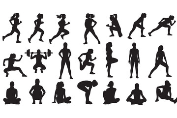 Fototapeta premium Fitness Silhouette Bundle Male & Female Workout Gym Yoga Exercise Vector Set