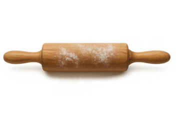 Wooden rolling pin with flour dust, a classic kitchen tool for baking and preparing dough on transparent background