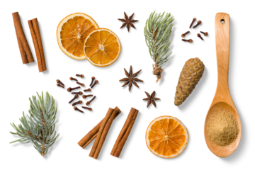Set of traditional mulled wine or vin brule spices including dried orange slices, cinnamon sticks, anise, cloves and a wooden spoon filled with brown sugar isolated on transparent background. 
