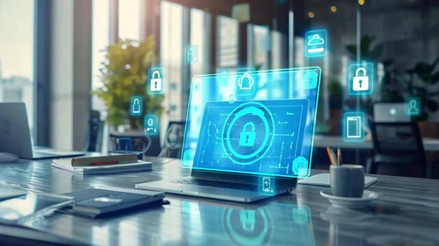Digital security concept visualized with glowing lock icons and data streams over an office desk.