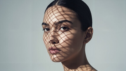 Young woman with patterned shadows on face in neutral background  