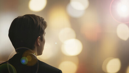 Man in suit looking towards bright lights at evening event  