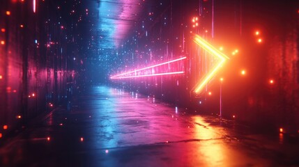 Digital arrow pointing right shaped by dynamic neon glowing lines in a dark background
