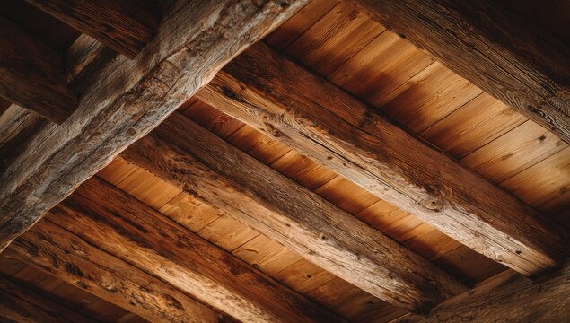 Rough-hewn wooden beams and planks form a rustic, textured ceiling