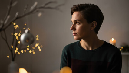 Young woman reflecting in cozy indoor setting with soft lighting  