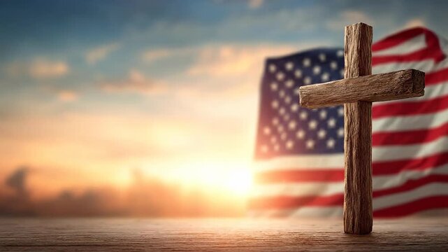 A wooden cross in front of an American flag at sunset.