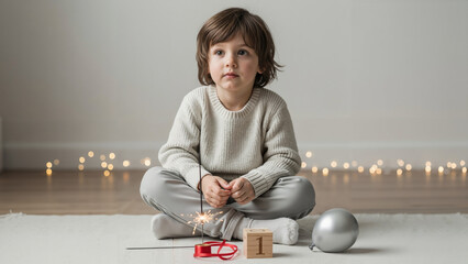 Young boy sitting cross-legged with sparkler and decorations indoors  
