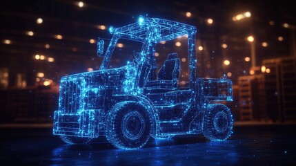 Digital blue forklift truck with glowing data streams symbolizes the optimization of artificial intelligence in warehouse management and inventory control.