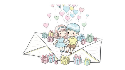 Love's Delivery: A tender illustration depicts a couple seated atop an envelope, surrounded by gifts and heart-shaped balloons, symbolizing the arrival of affection and joy.