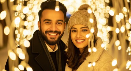 A young couple celebrates new year party indoors at night, holding sparklers as warm fairy lights glow softly in the background.