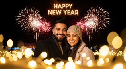 A young couple celebrates new year party indoors at night, holding sparklers as warm fairy lights glow softly in the background.