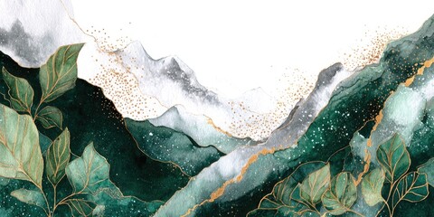 Abstract emerald and gold landscape with foliage and mountains