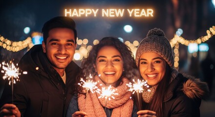 Three cheerful friends bundled in winter clothing hold sparklers and smile brightly under warm festive string lights at night.