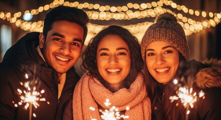 Three cheerful friends bundled in winter clothing hold sparklers and smile brightly under warm festive string lights at night.