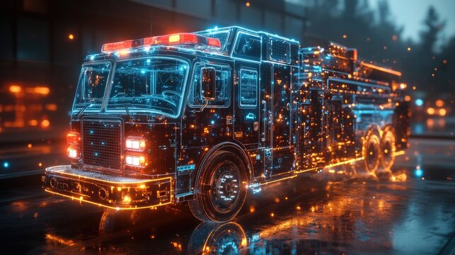 Digital blue hologram fire truck with data streams, ai emergency response systems, route optimization algorithms.