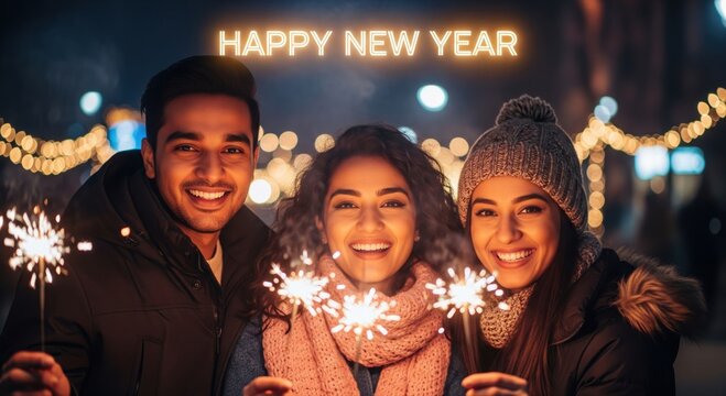Three cheerful friends bundled in winter clothing hold sparklers and smile brightly under warm festive string lights at night. - Powered by Adobe