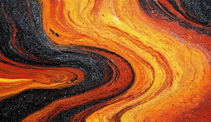 Abstract fiery fluid pattern, swirling orange, black, and yellow hues