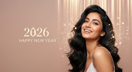 A stylish young woman in a sparkling dress dances joyfully at a New Year party with colorful lights