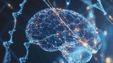 Digital brain and dna strands representing the connection between genetics and cognitive function