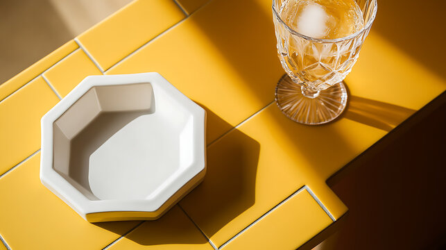 Minimalist composition featuring a crystal glass with ice, and a small geometric dish on a sunny yellow tile surface, creating a serene and bright ambiance.