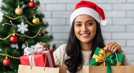 A stylish young woman in a red santa hat happily holds multiple shopping bags on christmas festival
