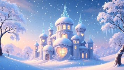 A fairytale winter village with snow-covered round towers, warm glowing lights, and soft pastel colors, creating a magical and dreamy snowy atmosphere.