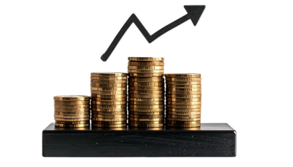 Gold coin stacks progressively rising, with upward zig-zagging arrow, on a black base