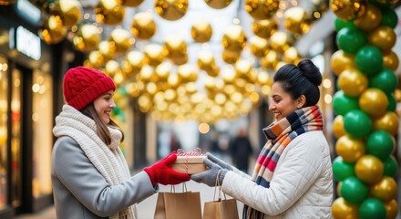 Two women in winter coats and scarves exchange a gift in a festively decorated outdoor shopping street lined with golden lights and balloons.