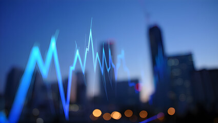 Blurry cityscape with blue graph lines in the foreground at dusk or dawn