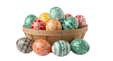 Colorful Easter eggs in a rustic basket a festive spring display.