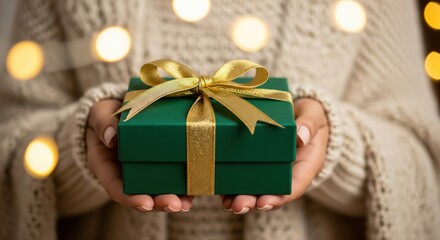Close‑up of hands in a cozy sweater gently holding a green gift box wrapped with a shiny golden ribbon and warm festive lights in the background.