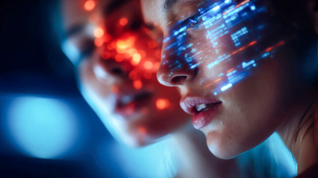 A woman face merges with glowing digital city lights in a futuristic double-exposure concept of AI, data and urban technology