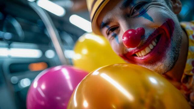 A cheerful clown with colorful face paint and balloons smiles brightly in a subway setting