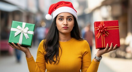 Young woman in a Santa outfit smiles while presenting a golden gift box beside a snow-dusted, glowing Christmas tree at night.