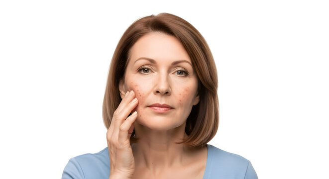 Concerned middleaged woman touching red irritated skin on her cheek.