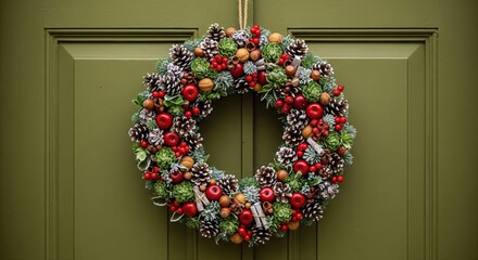 A festive Christmas wreath made of pinecones, red berries, nuts, and greenery hangs neatly on a green front door.