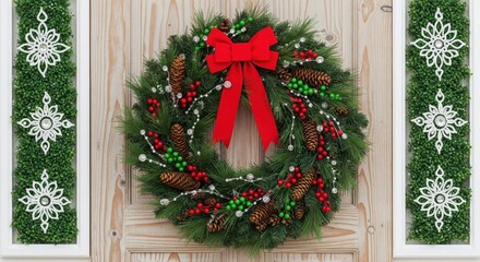 A festive Christmas wreath made of pinecones, red berries, nuts, and greenery hangs neatly on a green front door.