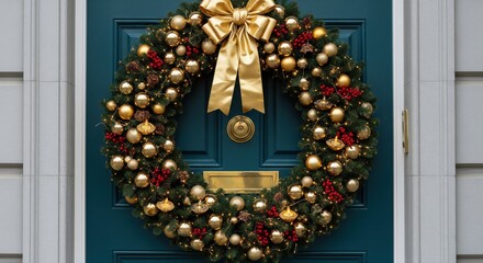 A festive Christmas wreath made of pinecones, red berries, nuts, and greenery hangs neatly on a green front door.