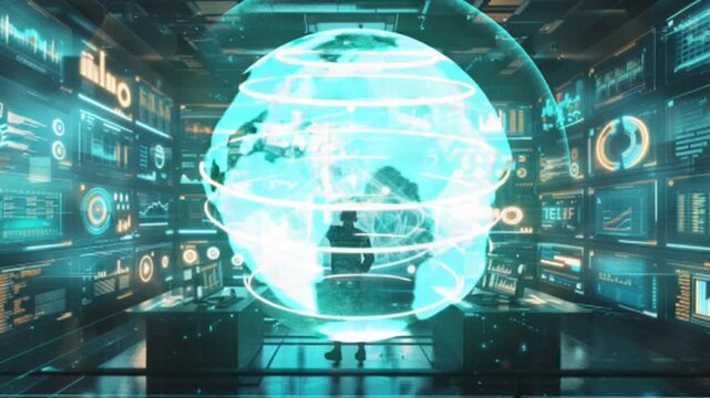 Futuristic control room with glowing holographic globe and data screens