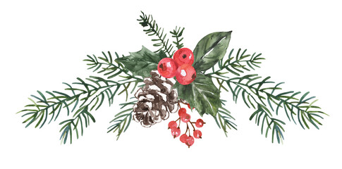 Hand-painted watercolor Christmas bouquet with holly leaves, pine cone, red berries, and evergreen branches. High-resolution, clean isolation&mdash;ideal for cards, invitations, packaging and seasonal decor