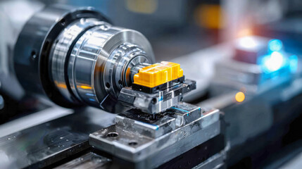 Fototapeta premium High-precision CNC lathe machine processing a metal component, showcasing advanced manufacturing, engineering accuracy, and industrial technology